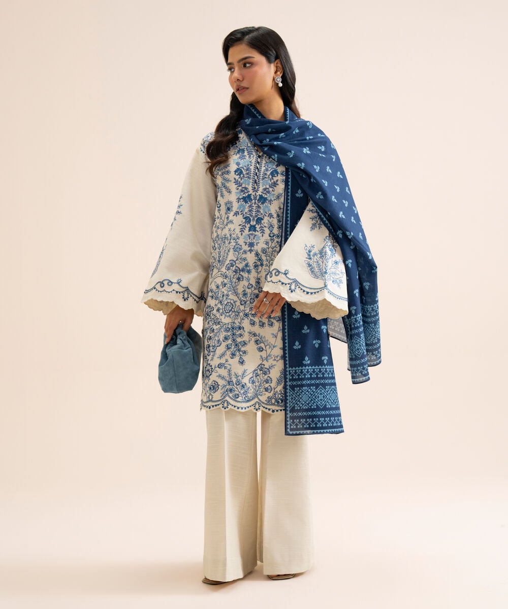 Women's Unstitched Light Khaddar Embroidered Dark Blue 3 Piece Suit