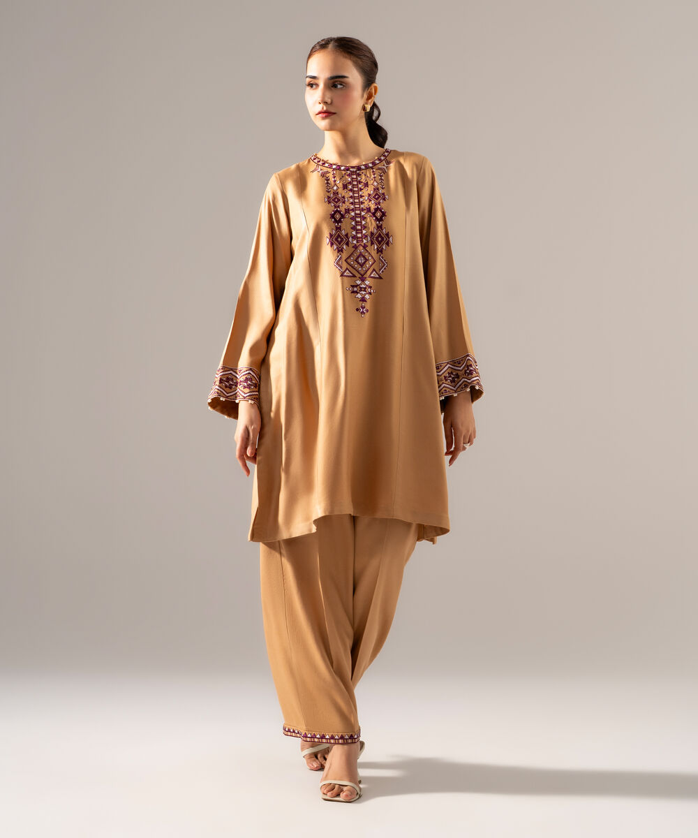 Women's RTW Bedford Solid Embroidered Dark Beige Drop Shoulder Shirt