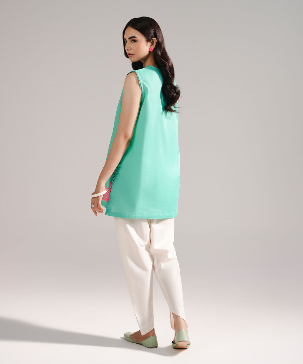 Women's RTW Slub Lawn Embroidered Green Straight Shirt