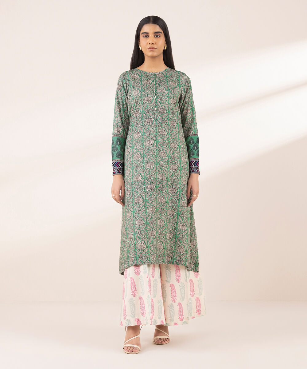Women's RTW Arabic Lawn Green Printed A-Line Shirt