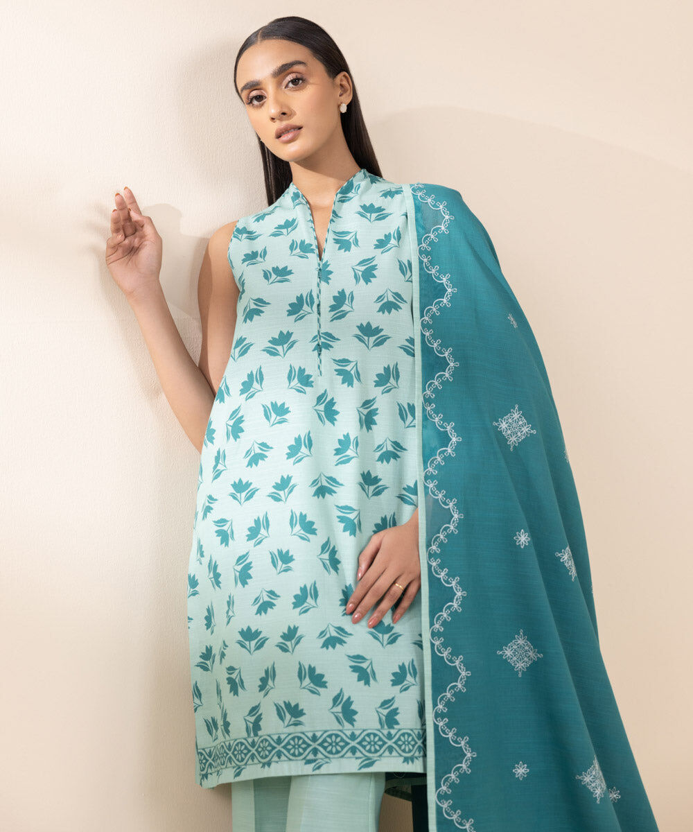 Women's Unstitched Embroidered Aqua Khaddar Shirt and Dupatta