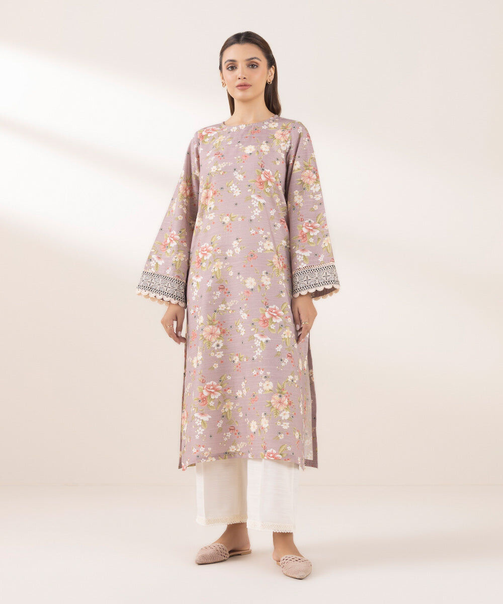 Woman - Purple Printed Zari Khaddar Shirt