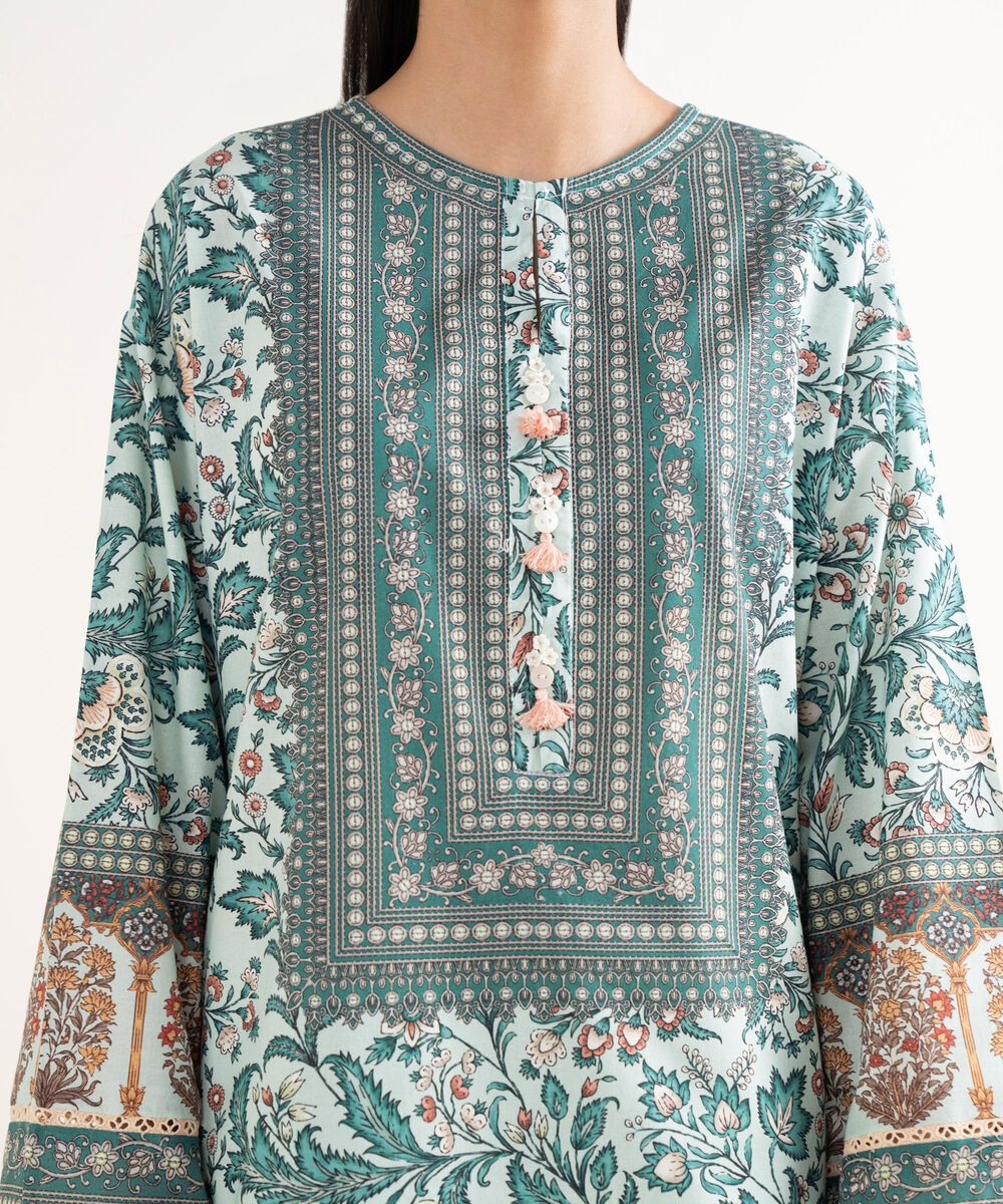 Women's RTW Cambric Printed Drop Shoulder Blue Shirt