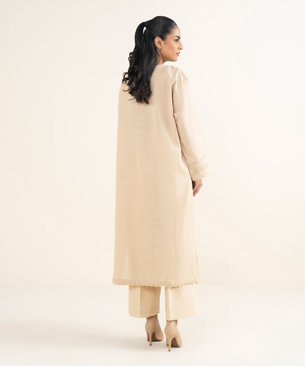 Women's RTW Cotton Embroidered Beige A-Line Shirt