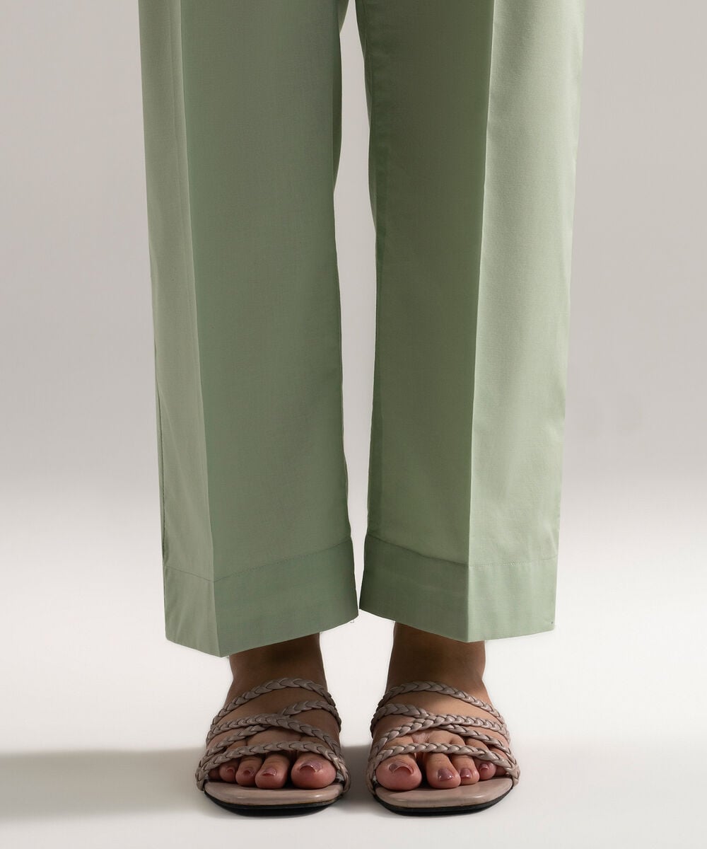 Women's RTW Cambric Solid Green Straight Pants
