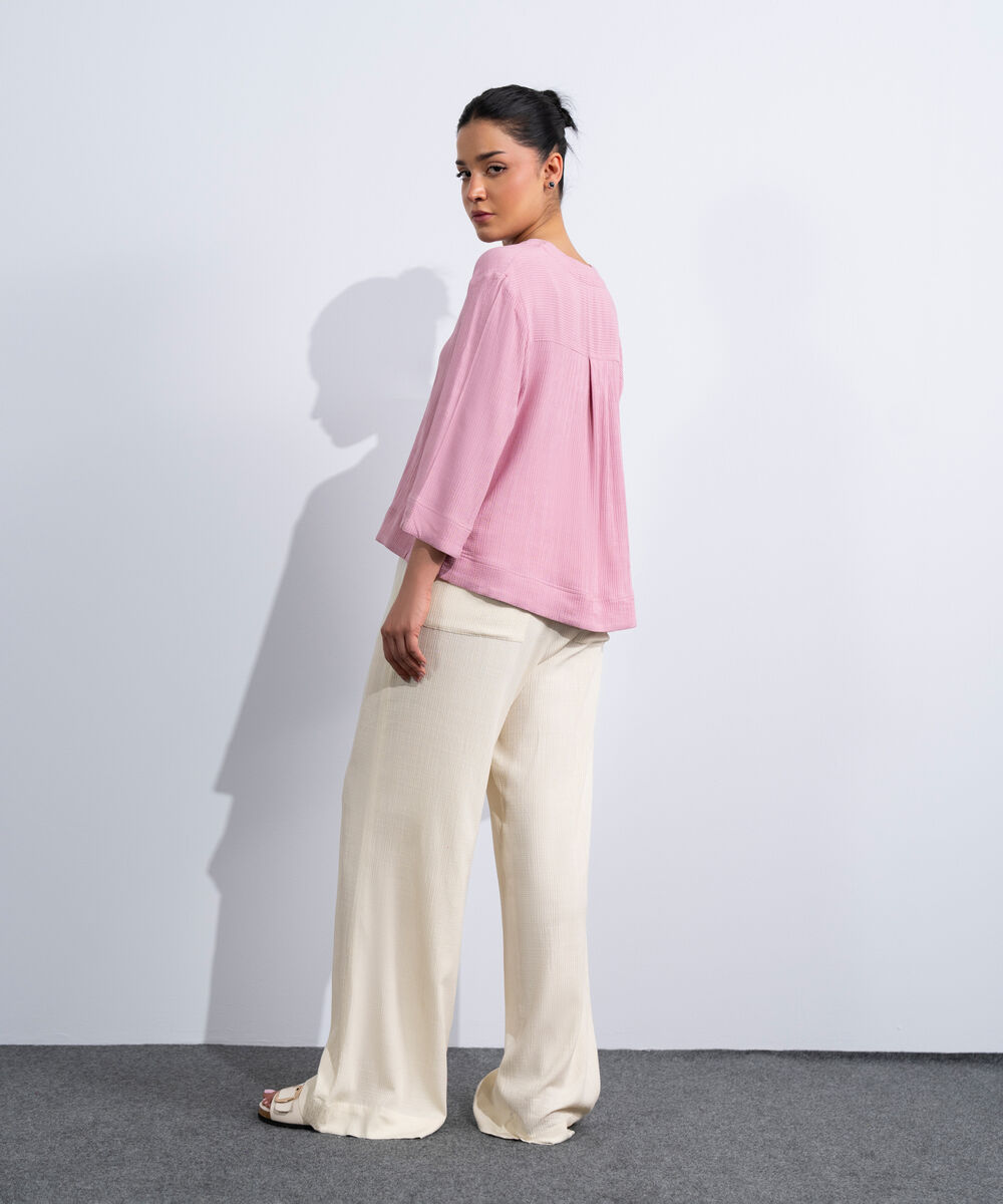 Women's Western Pink V-Neck Seersucker Shirt