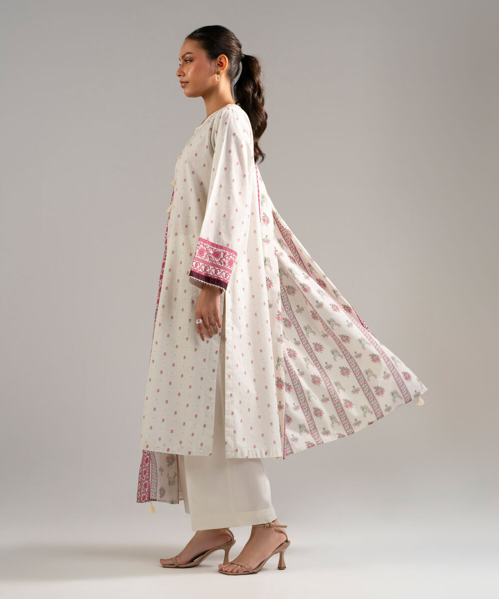Women's RTW Slub Lawn Printed White 3 Piece Suit