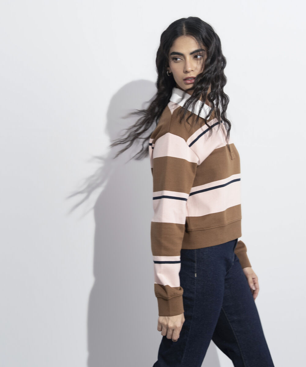 Women's Western Wear Multi Striped Polo Neck Sweatshirt