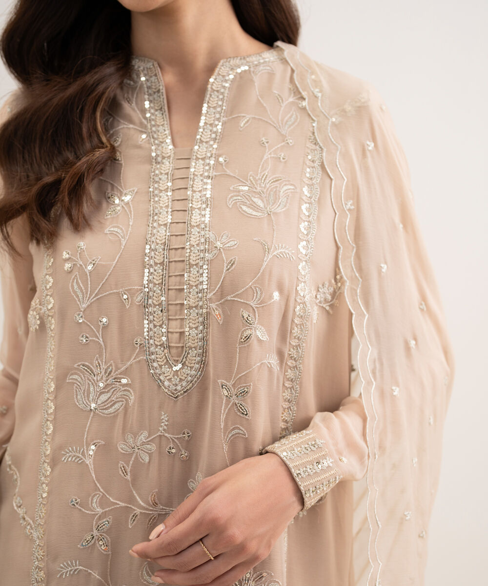 Women's Unstitched Blended Chiffon Embroidered Beige 3 Piece Suit