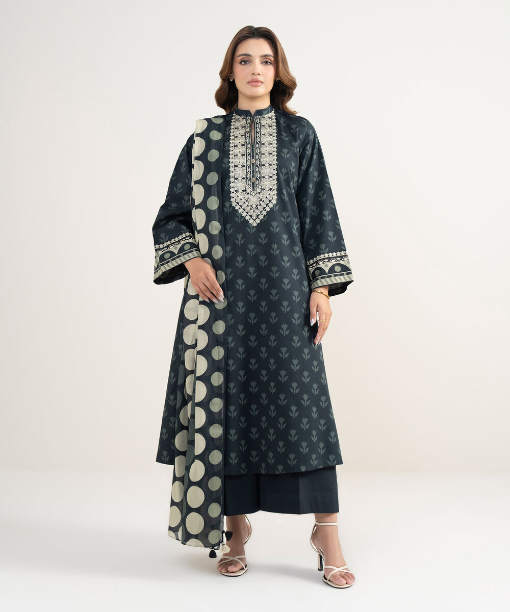 Women's Unstitched Lawn Embroidered Black 3 Piece Suit