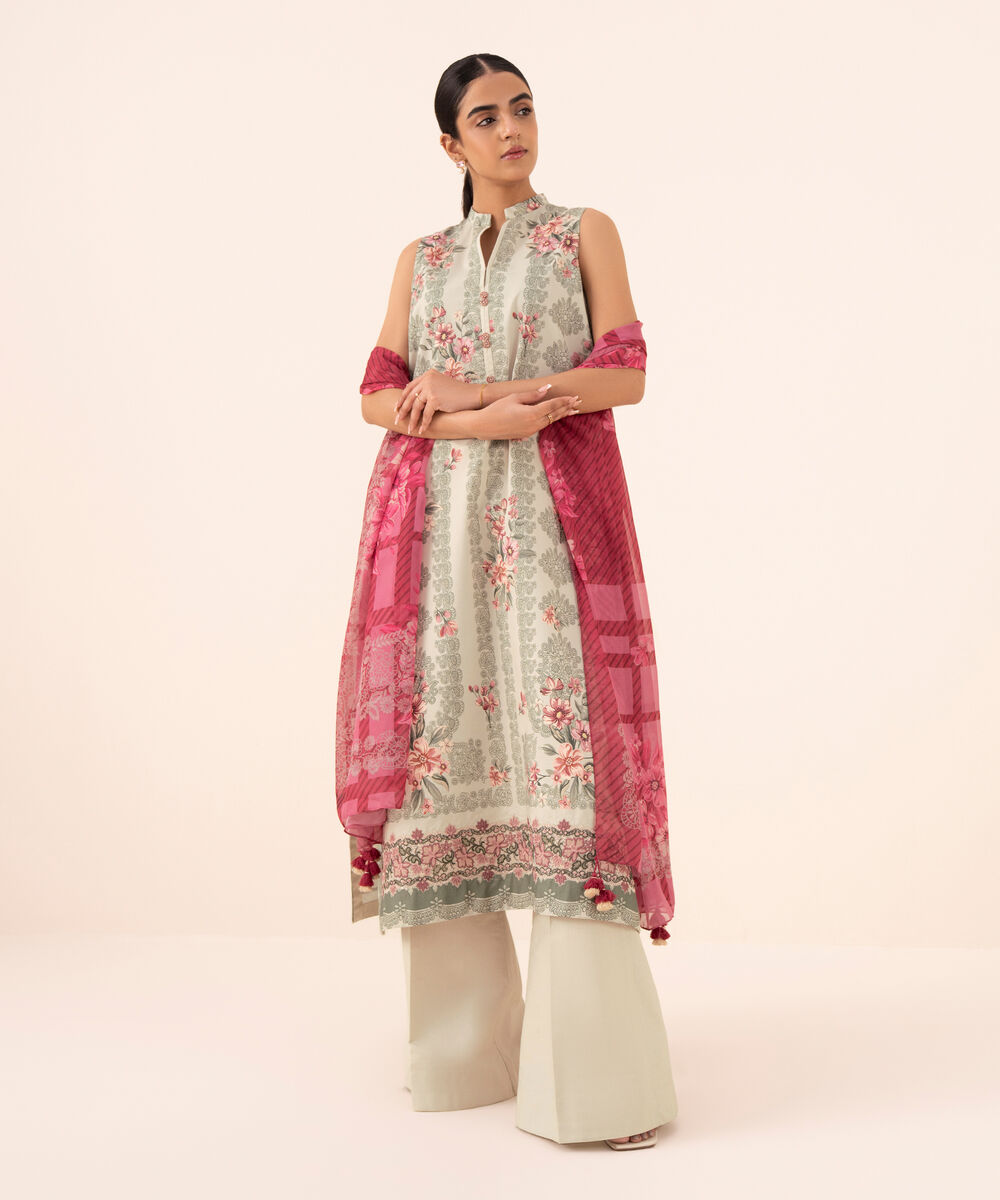 Women's Unstitched Cotton Viscose Embroidered Beige 3 Piece Suit
