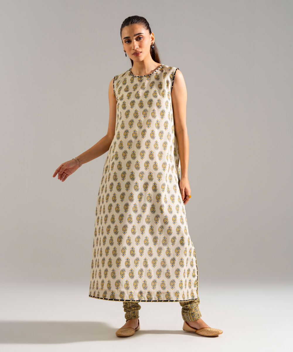 Women's RTW Slub Lawn Printed Beige Straight Shirt