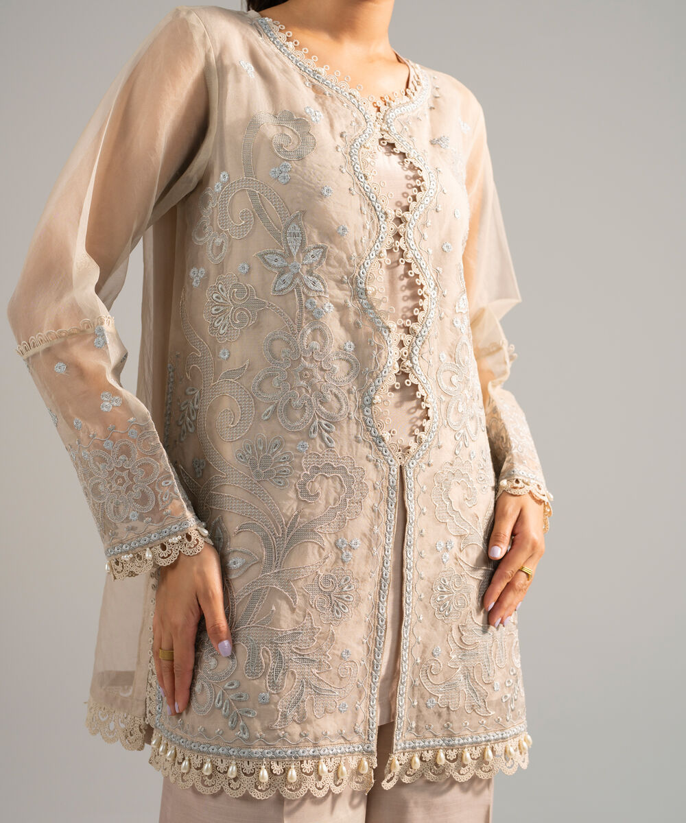 Women's RTW Organza Embroidered Beige 2 Piece Suit