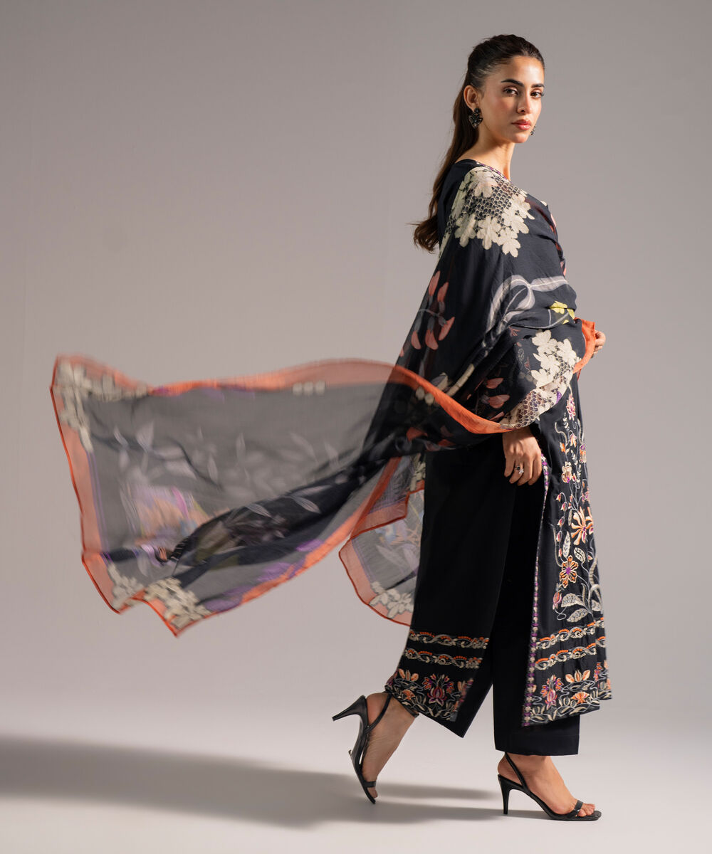 Women's RTW Cambric Embroidered Black 3 Piece Suit