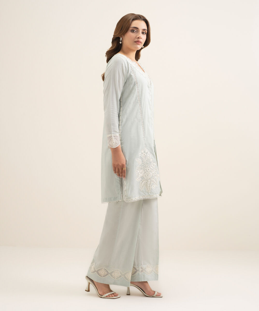 Women's RTW Self Jacquard Embroidered Green Straight Shirt