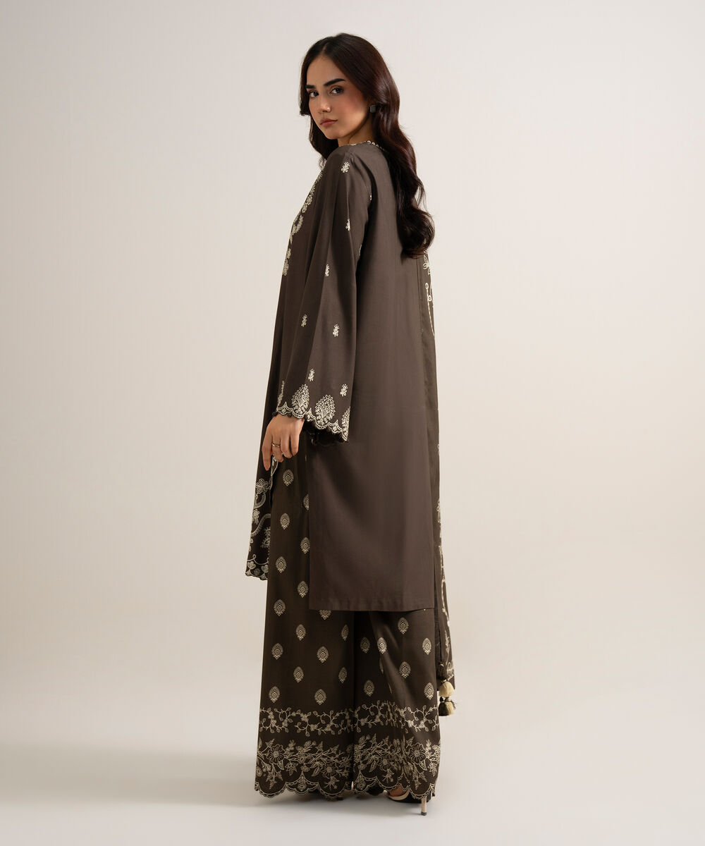 Women's Unstitched Embroidered Linen Brown 3 Piece Suit