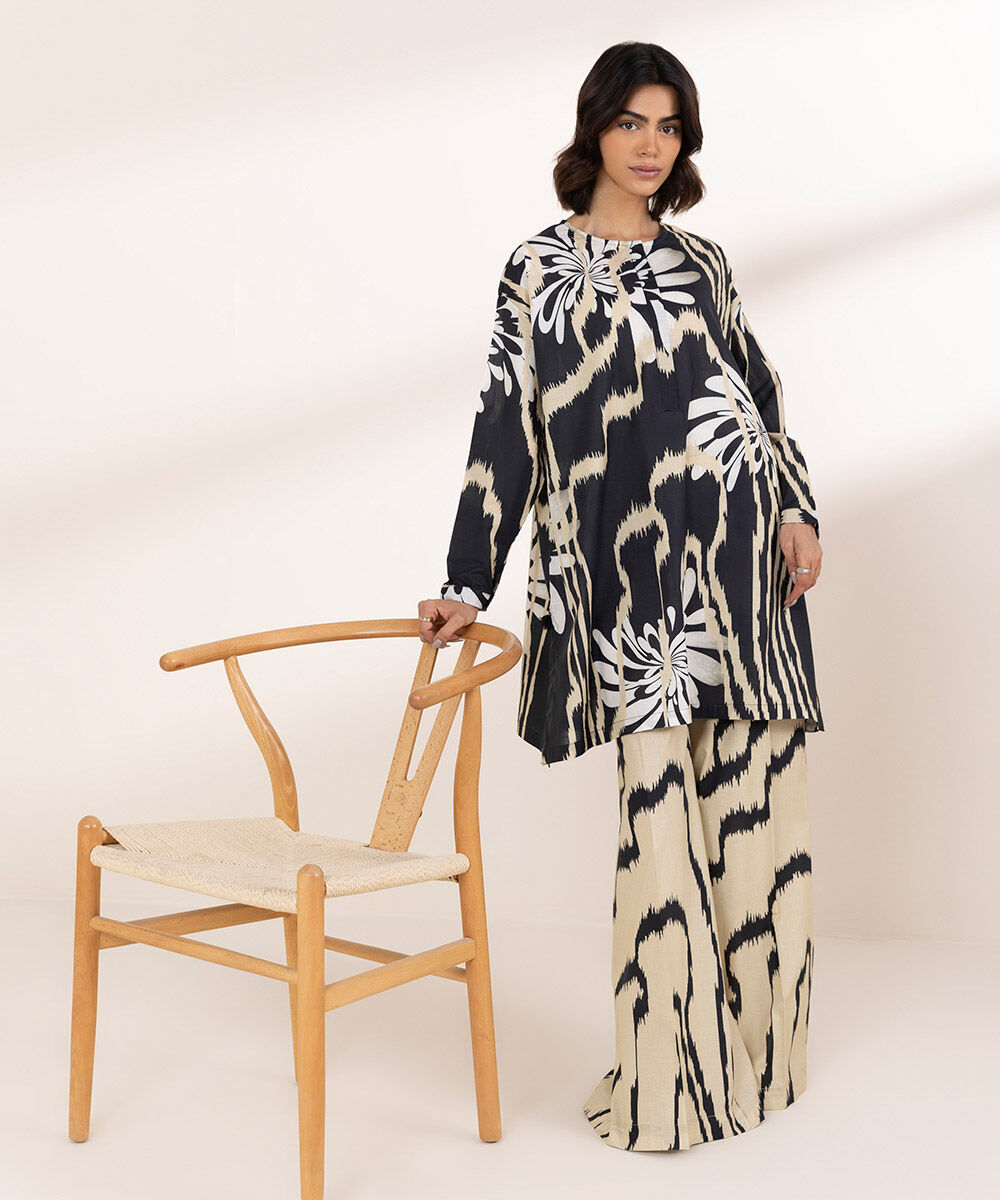 Women's RTW Textured Lawn Black Printed Boxy Shirt