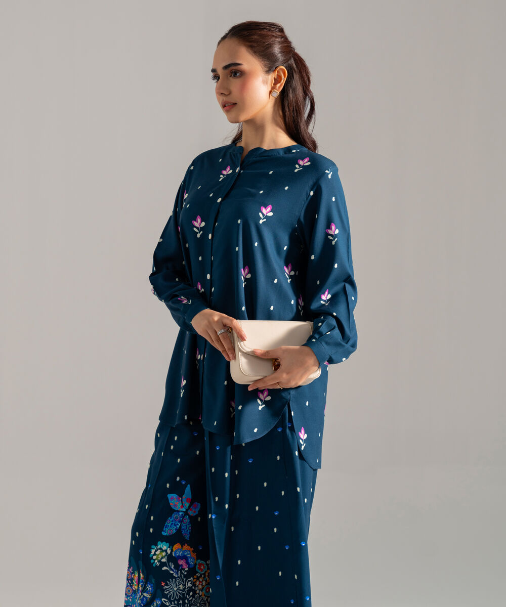 Women's RTW Printed Blue Viscose Linen 2 Piece Suit