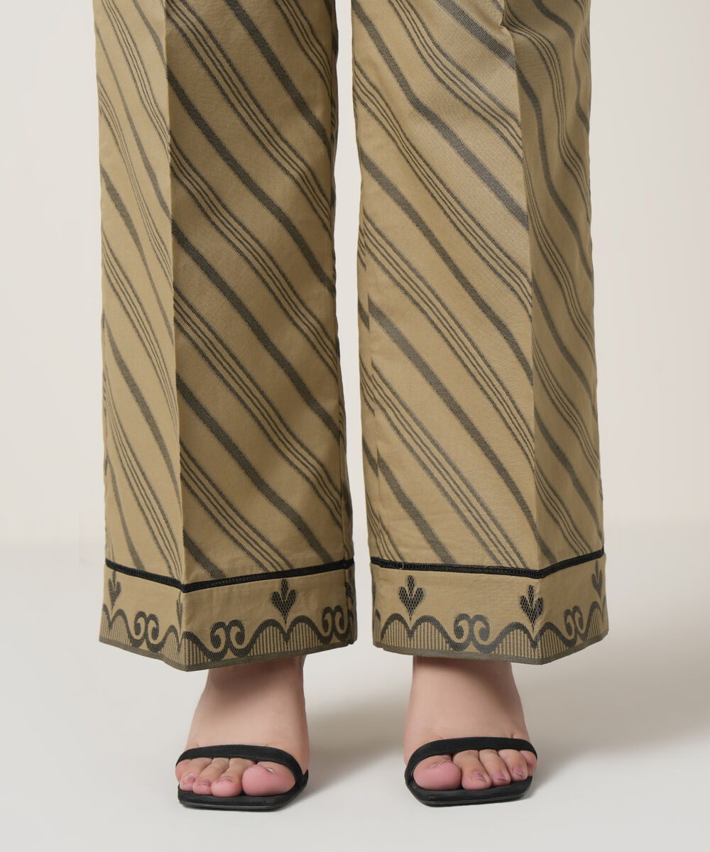 Women's RTW Extra Weft Jacquard Beige Solid Trousers