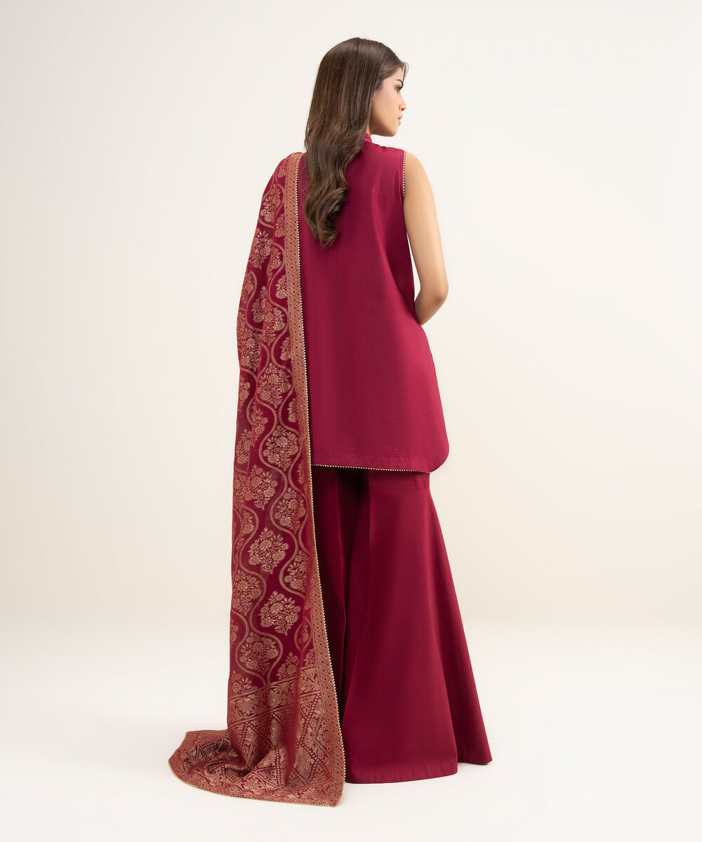 Women's Unstitched Dobby Embroidered Red 3 Piece Suit