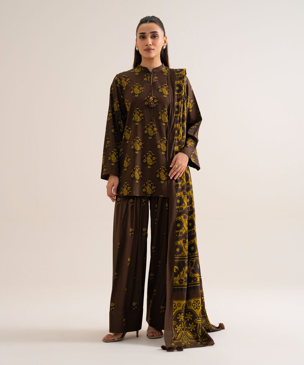 Women's Unstitched Viscose Linen Printed Brown 3 Piece Suit
