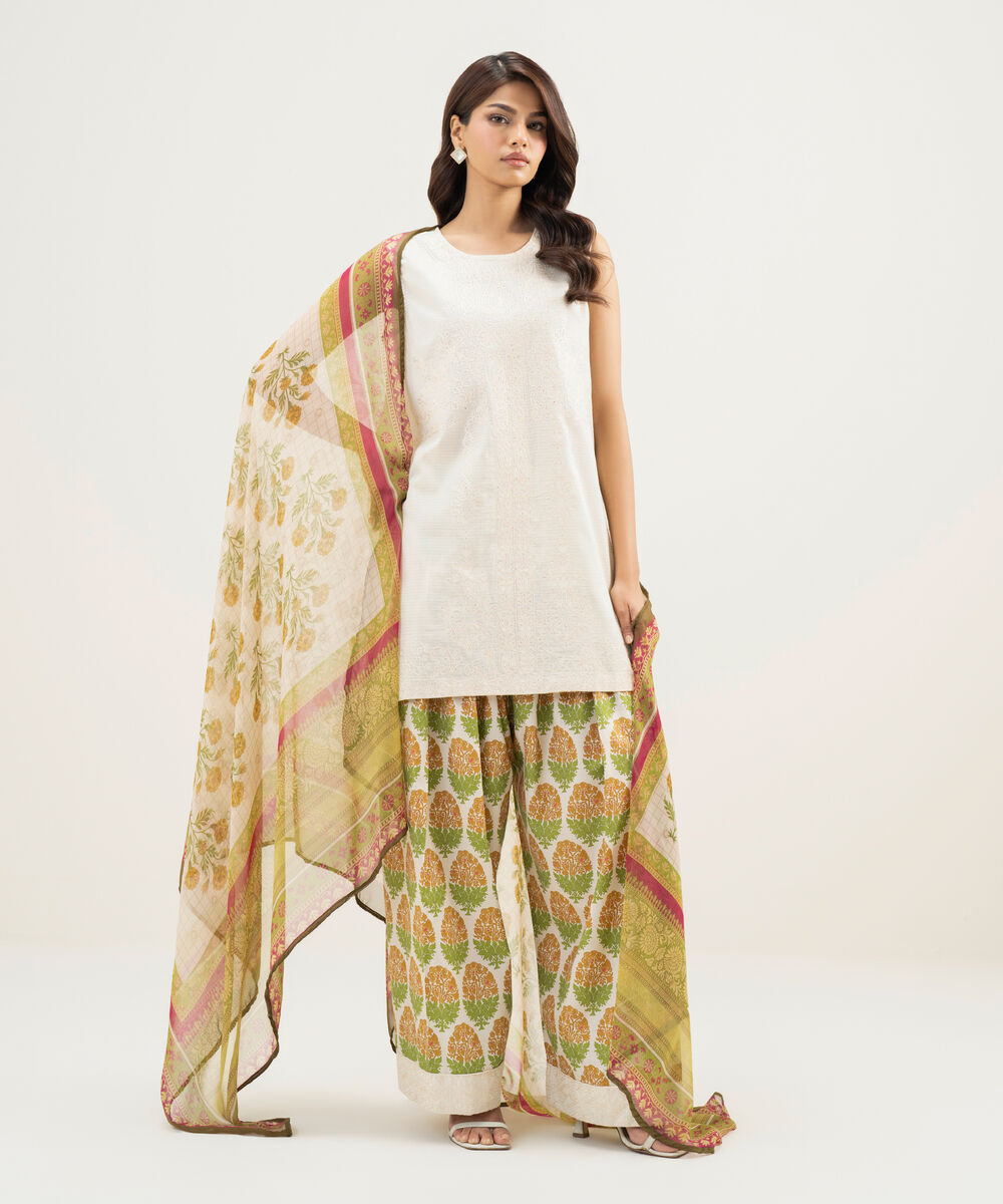 Women's RTW Dobby Embroidered Off White 3 Piece Suit