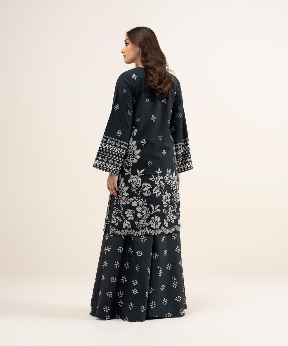 Women's Unstitched Lawn Printed Black and Off White 2 Piece Suit