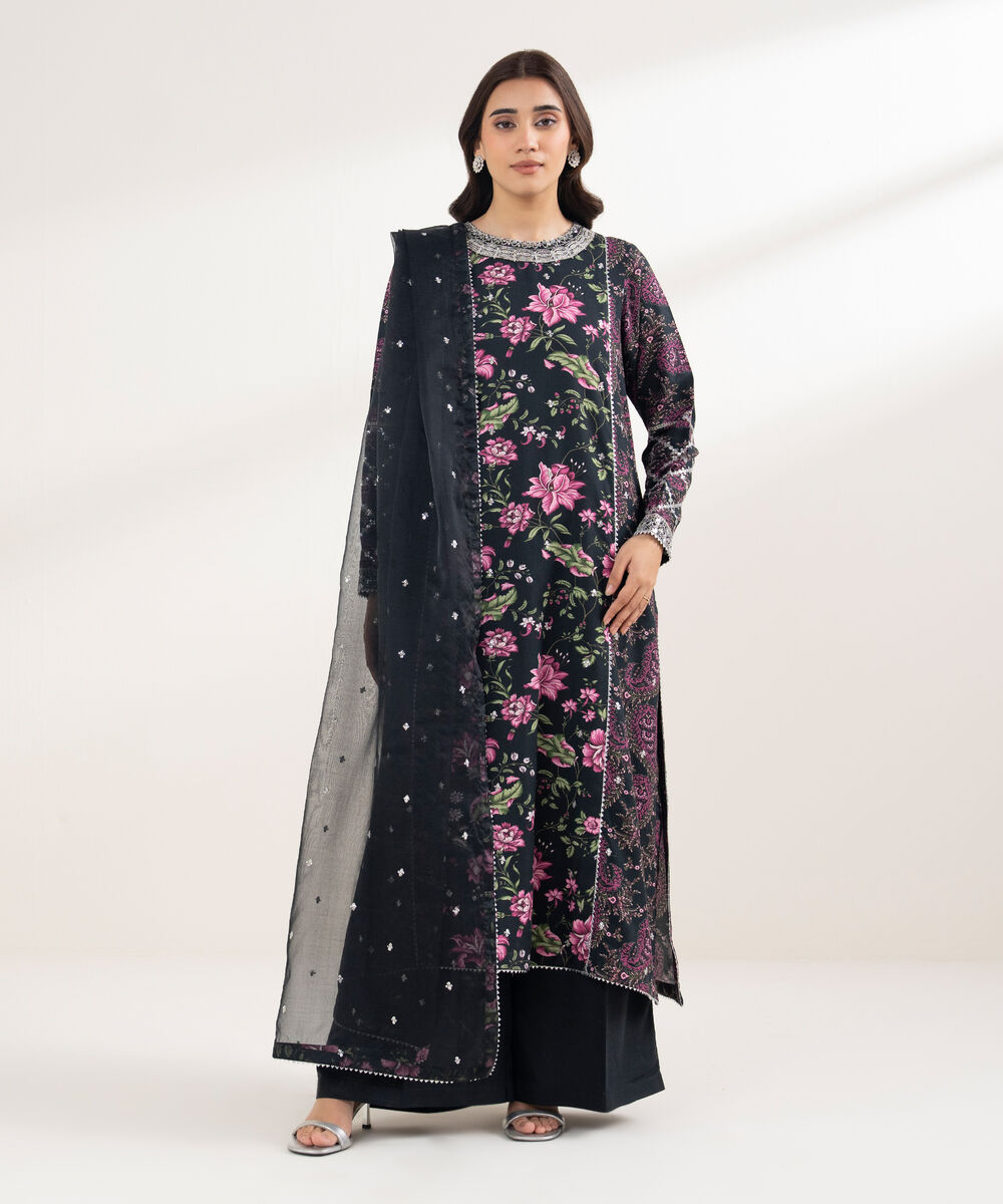 Women's RTW Viscose Linen Embroidered Black 3 Piece Suit