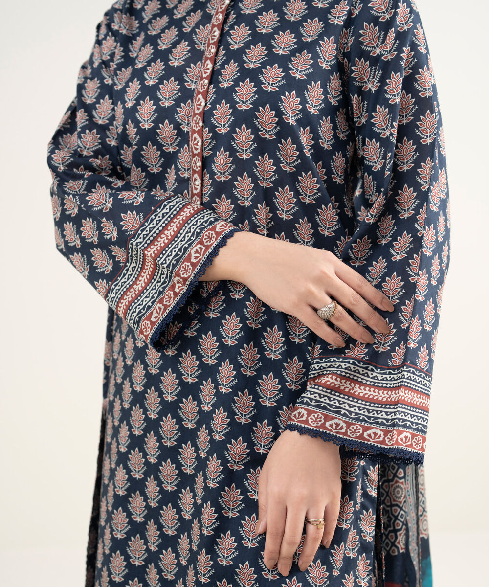 Women's RTW Lawn Printed Dark Blue 3 Piece Suit