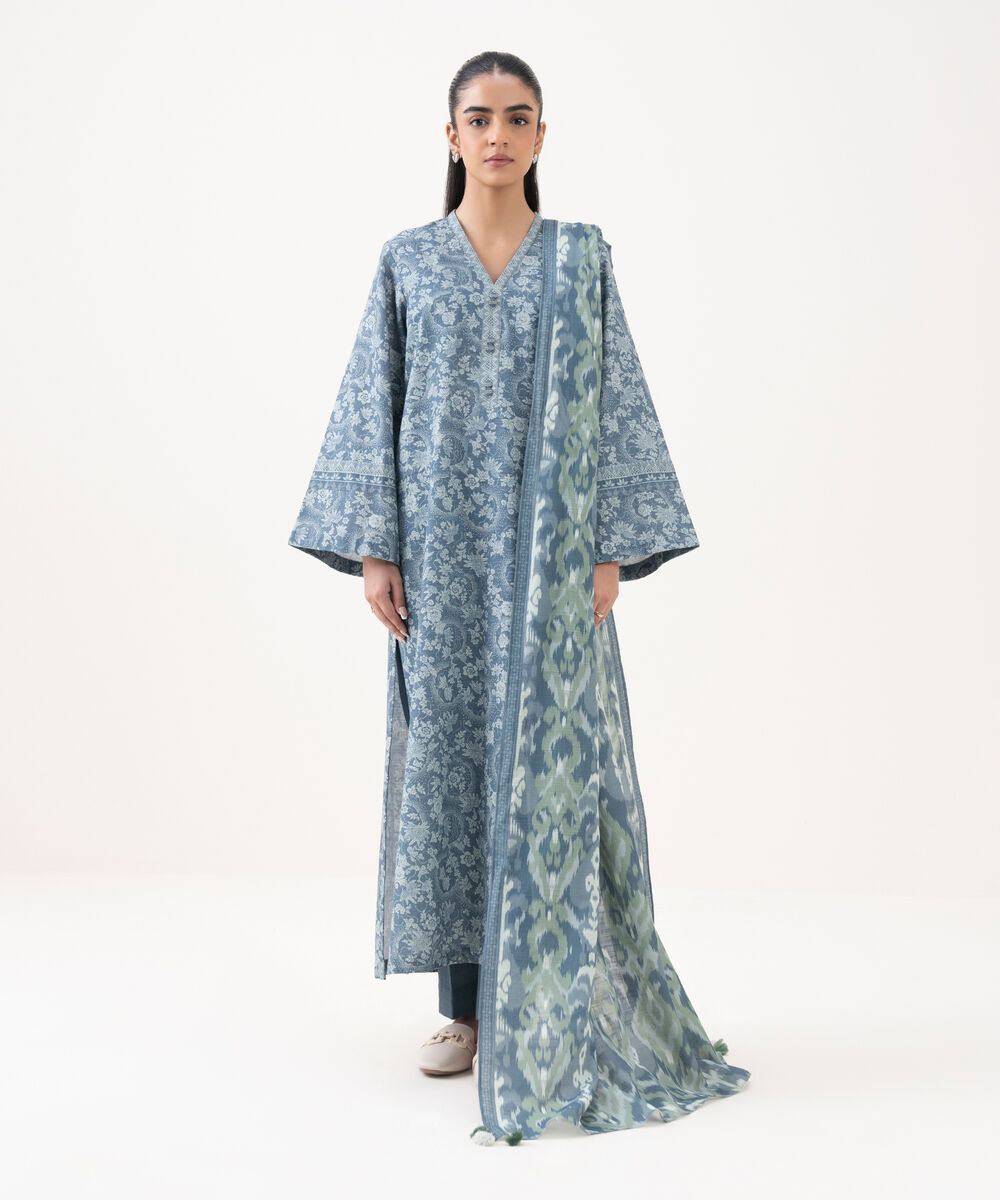 Women's Unstitched Khaddar Printed Blue 3 Piece Suit
