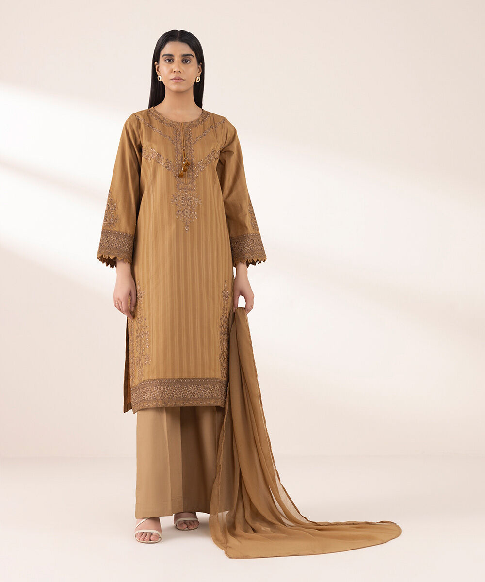 Women's RTW Dobby Brown Embroidered A-Line Shirt