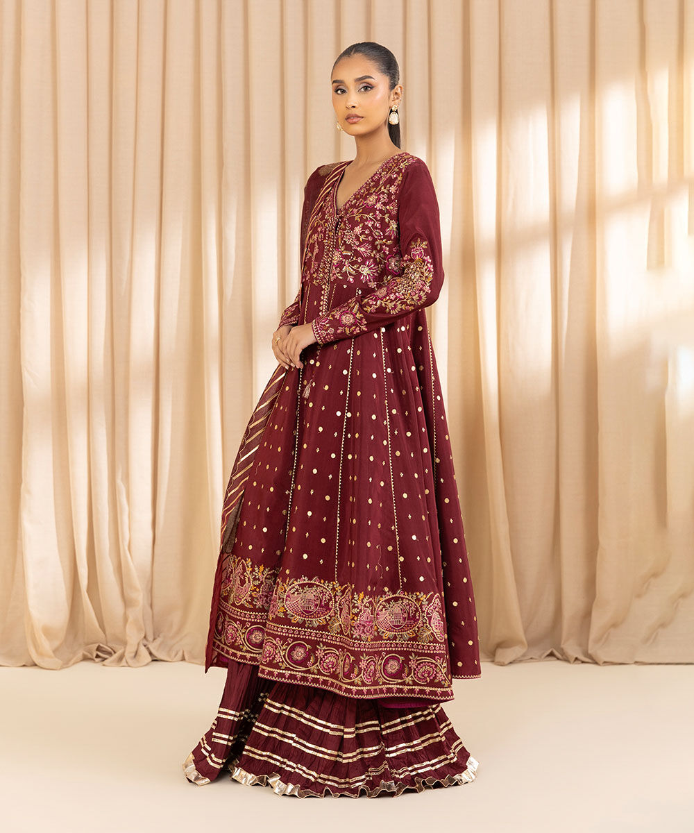 Unstitched Women's Red Viscose Raw Silk 3 Piece Suit