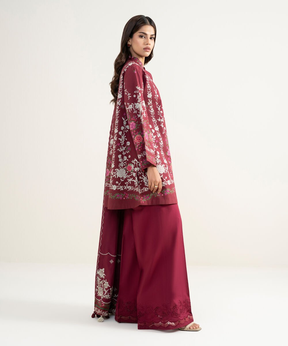Women's Unstitched Lawn Embroidered Red 3 Piece Suit