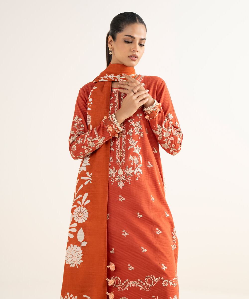Women's Unstitched Dobby Embroidered Orange 3 Piece Suit
