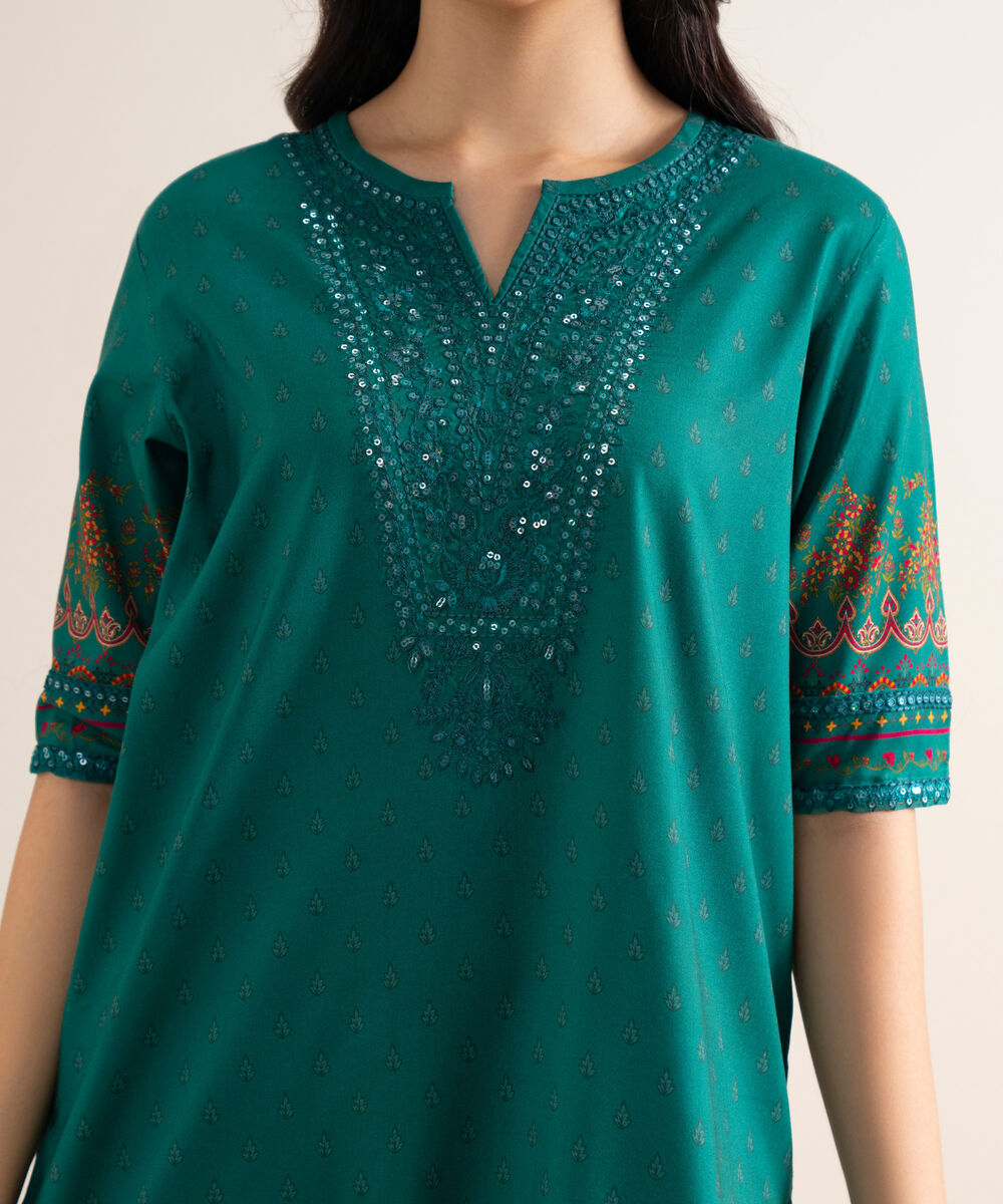 Women's Unstitched Embroidered Linen Teal Green 3 Piece Suit