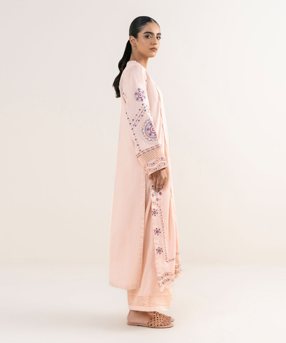 Women's RTW Cotton Satin Pink Embroidered A-Line Shirt