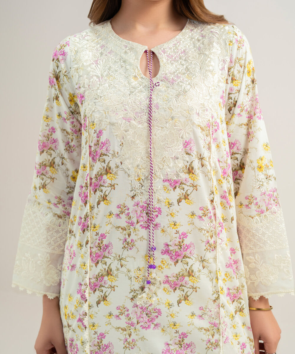 Women's RTW Lawn Embroidered Off White A-Line Shirt