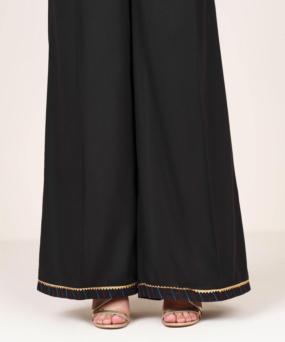Women's RTW Viscose Linen Solid Black Flared Pants