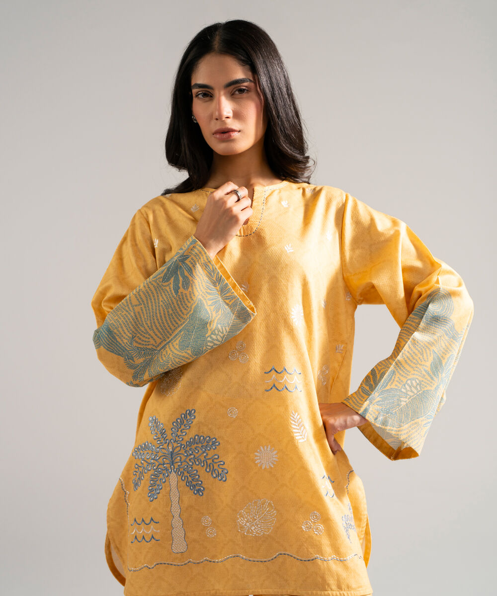 Women's RTW Dobby Embroidered Orange Straight Shirt