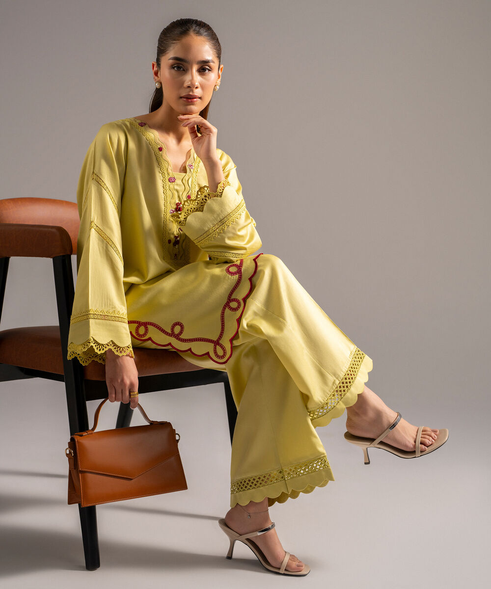 Women's RTW Cotton Satin Embroidered Lime Yellow 2 Piece Suit
