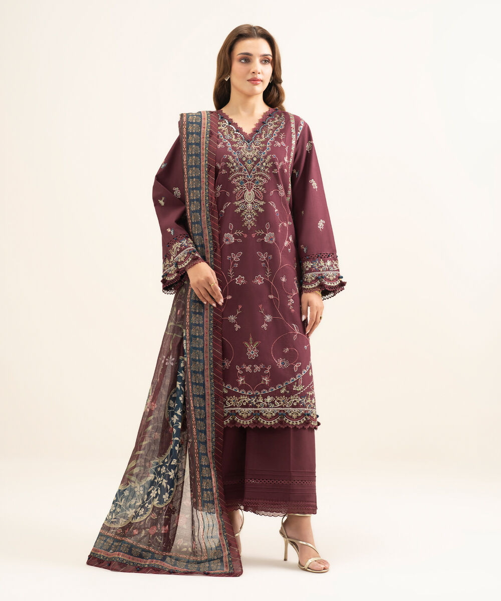 Women's Unstitched Cotton Embroidered Maroon 3 Piece Suit