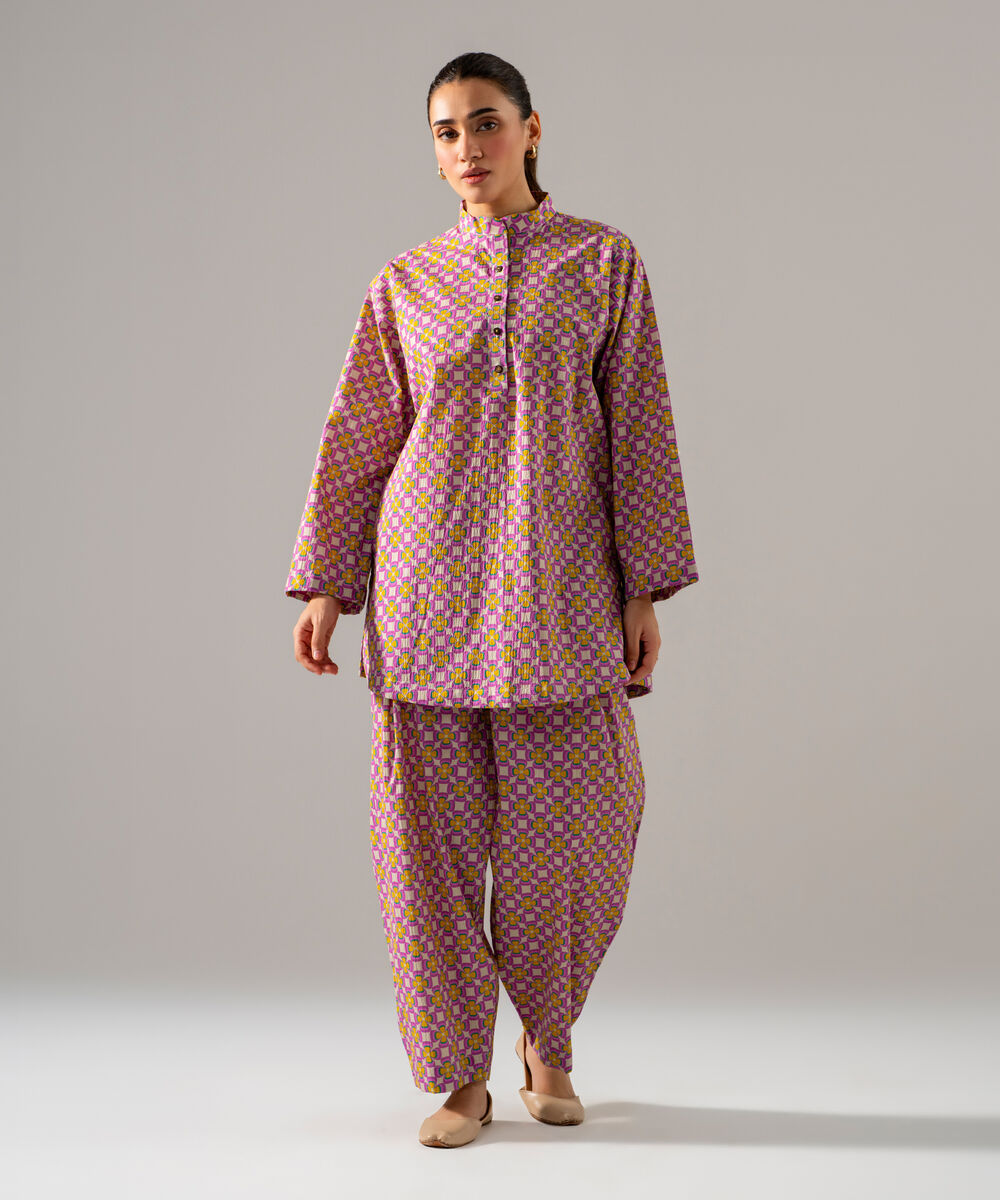 Women's RTW Seersucker Printed Pink 2 Piece Suit