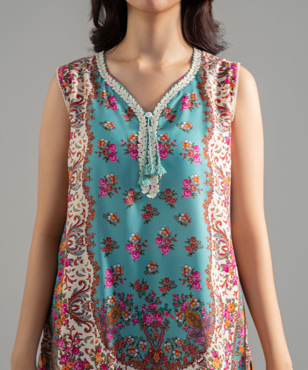 Women's RTW Arabic Lawn Printed Seaform Green Straight Shirt