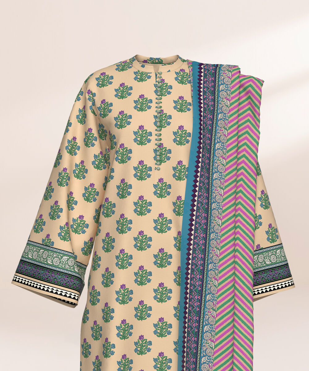 Women's Three Piece Printed Nude Beige Lawn Suit