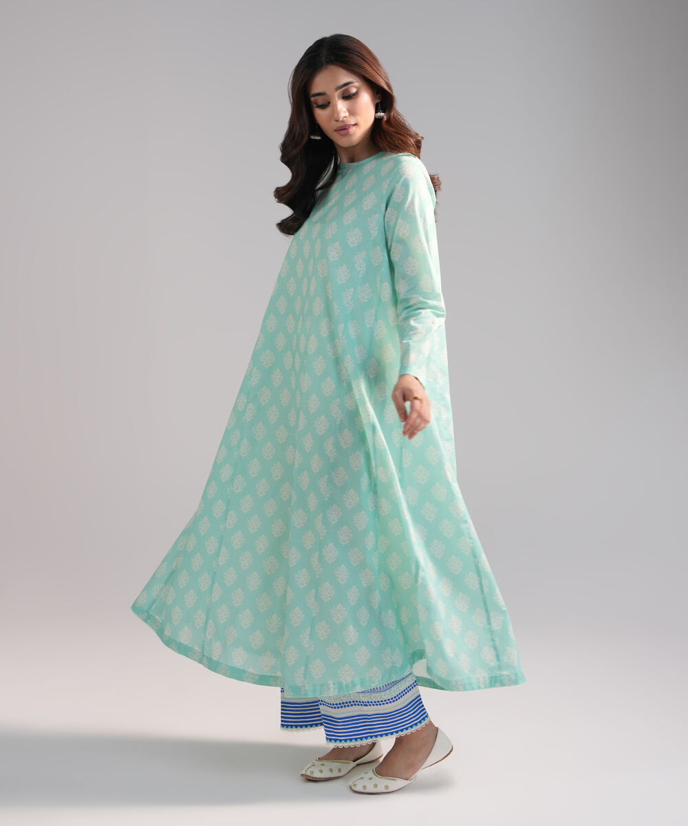 Women's RTW Crosshatch Printed Turquoise A-Line Shirt