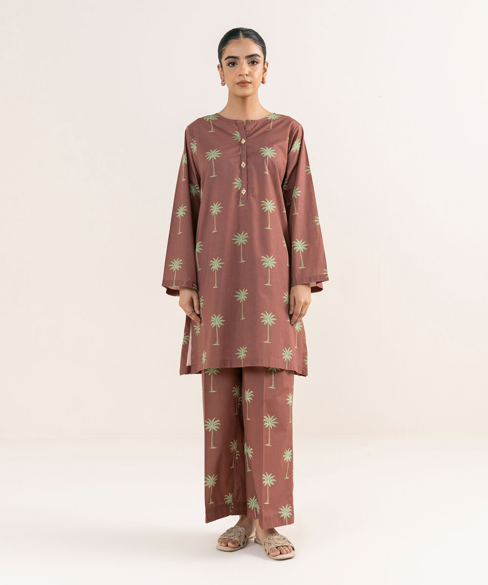 Women's RTW Textured Lawn Brown Printed A-Line Shirt