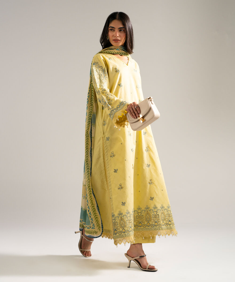 Women's RTW Self Jacquard Embroidered Yellow 3 Piece Suit