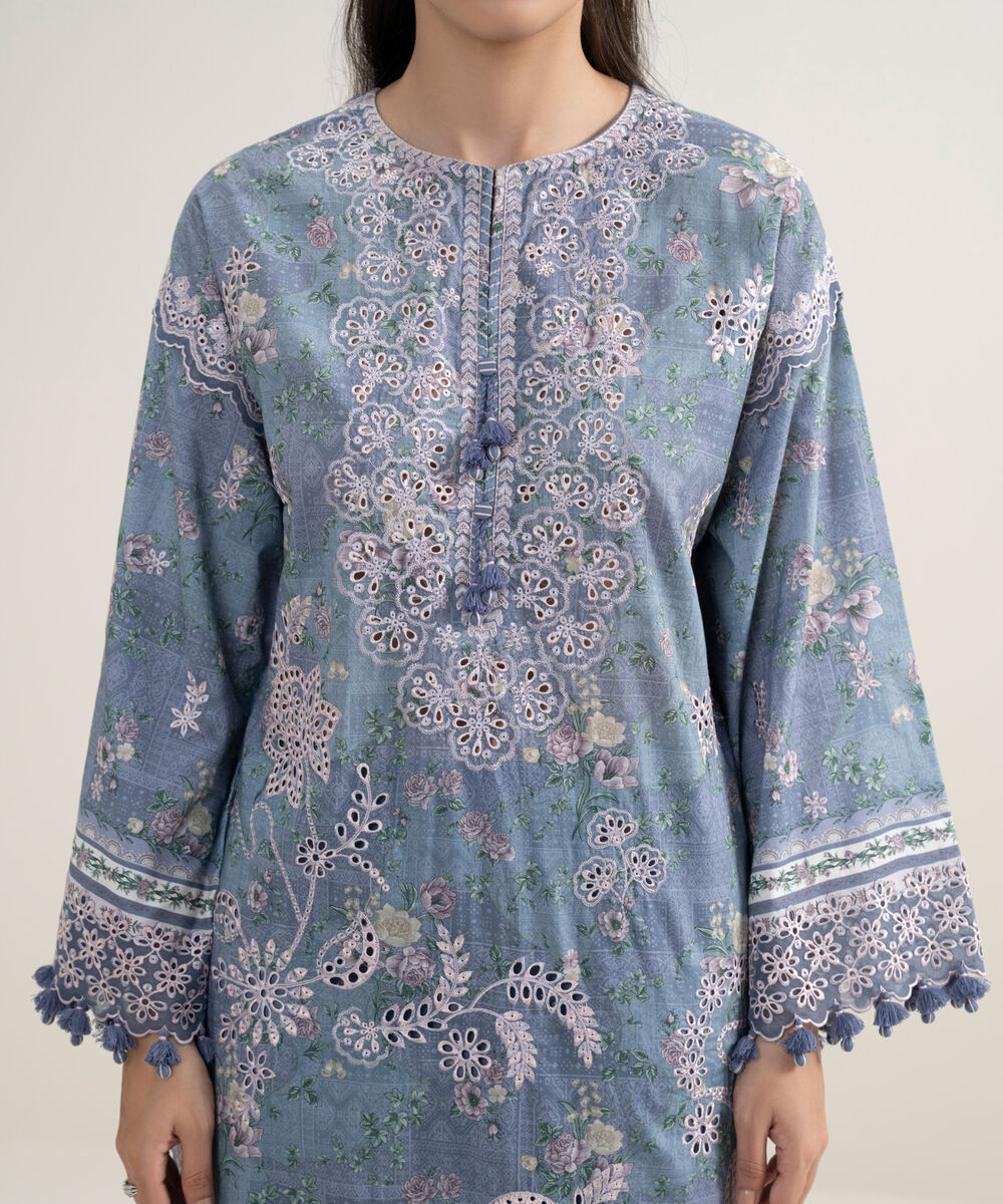 Women's Unstitched Fine Lawn Embroidered Blue  3 Piece Suit