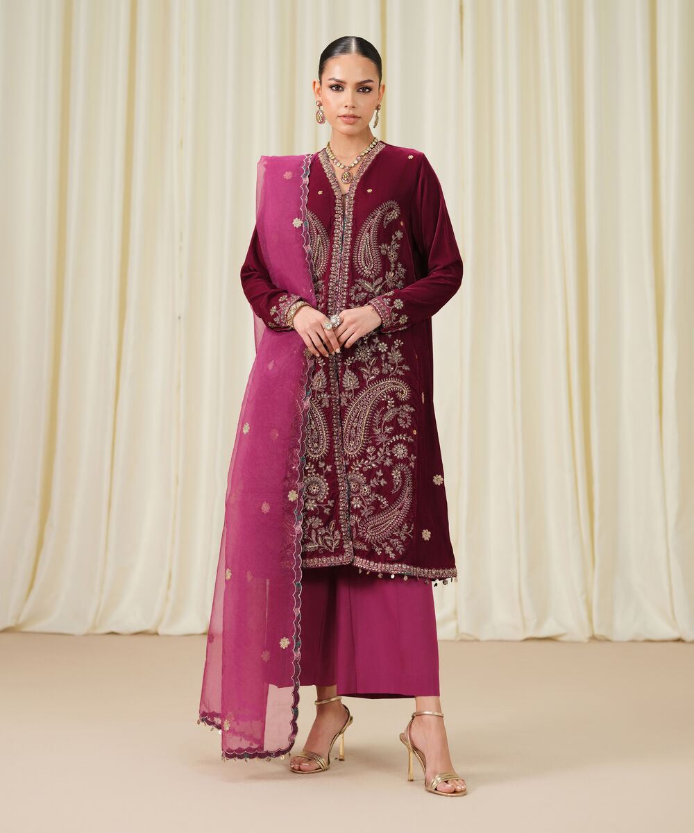 Women's Unstitched Embroidered Velvet Pink 3 Piece Suit