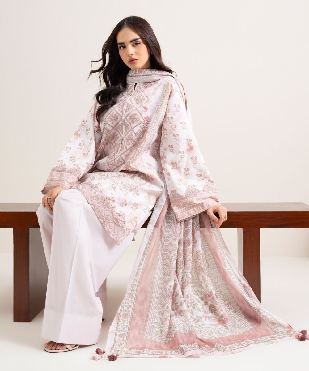 Women's Unstitched Lawn Embroidered Off White and Blue 3 Piece Suit